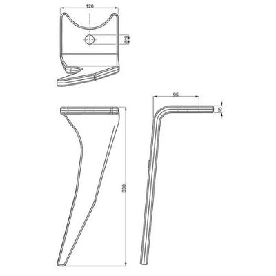 Dent de herse rotative droite fuyante forgee 330x120x15mm d19mm type Amazone cultimix 6574300