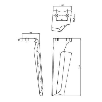 Dent de herse rotative droite forgee 315x100x15mm d16mm rh68a type Howard réf 185506